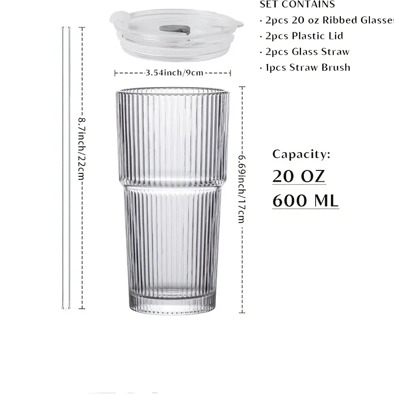 2pcs set of 600ml 20oz glassware with lid and glass straw ribbed glass bucket thick glass iced coffee smoothies cocktails and juices elegant and durable beverages Product details 1