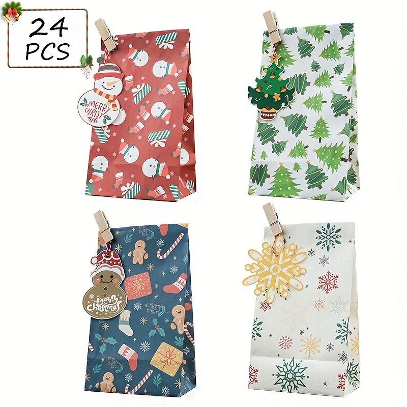 Image of 24pcs Christmas Gift Bags With Wooden Clips And Hanging Tags, 4 Styles Of Xmas Pattern Gift Bags, Holiday Wrapping Sacks For Christmas Party Box Packs
