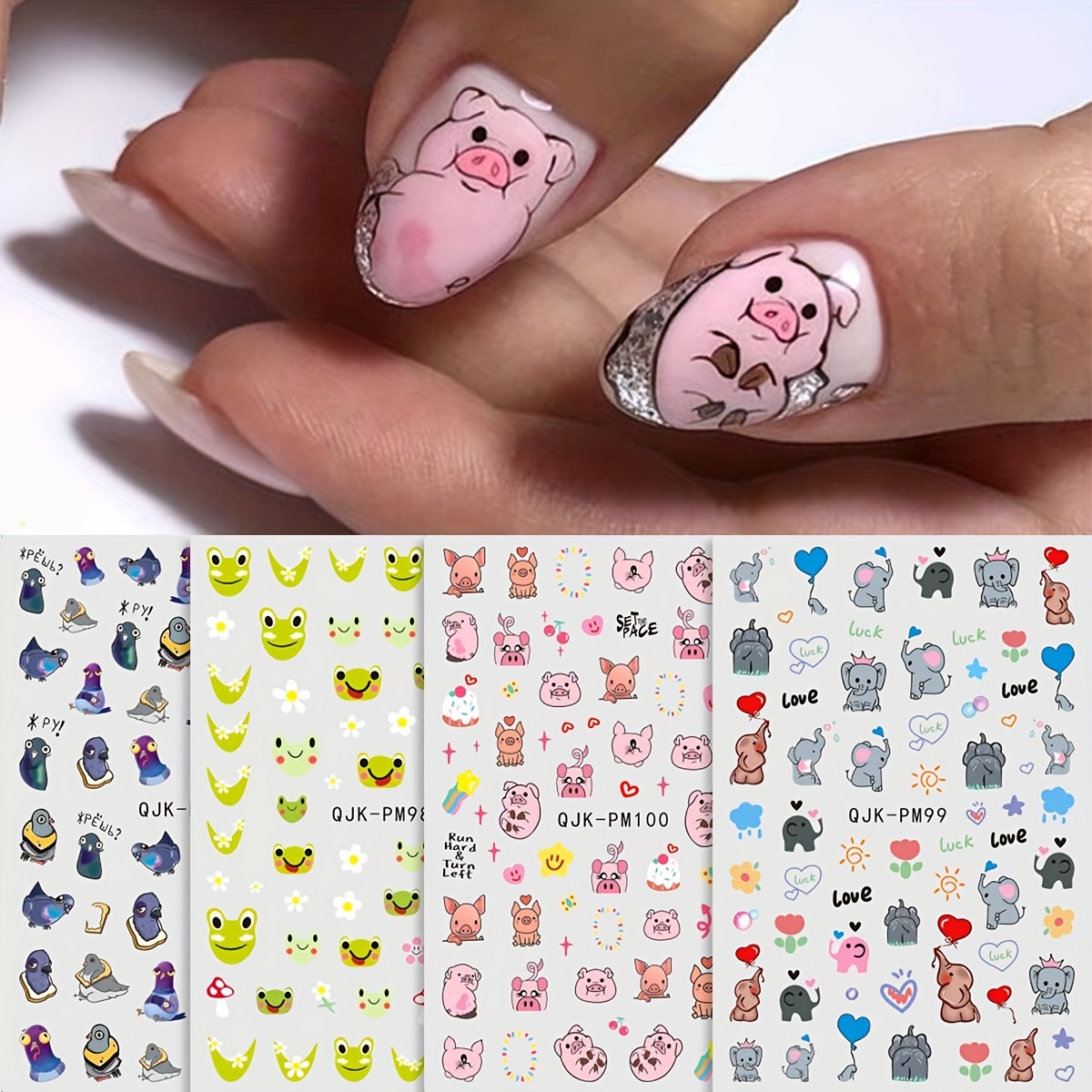 Image of 4 Sheets Cute Cartoon Nail Stickers Spring Summer Frog Flower Animal Cartoon Pig Elephant Nail Sticker Decal Nail Decorations