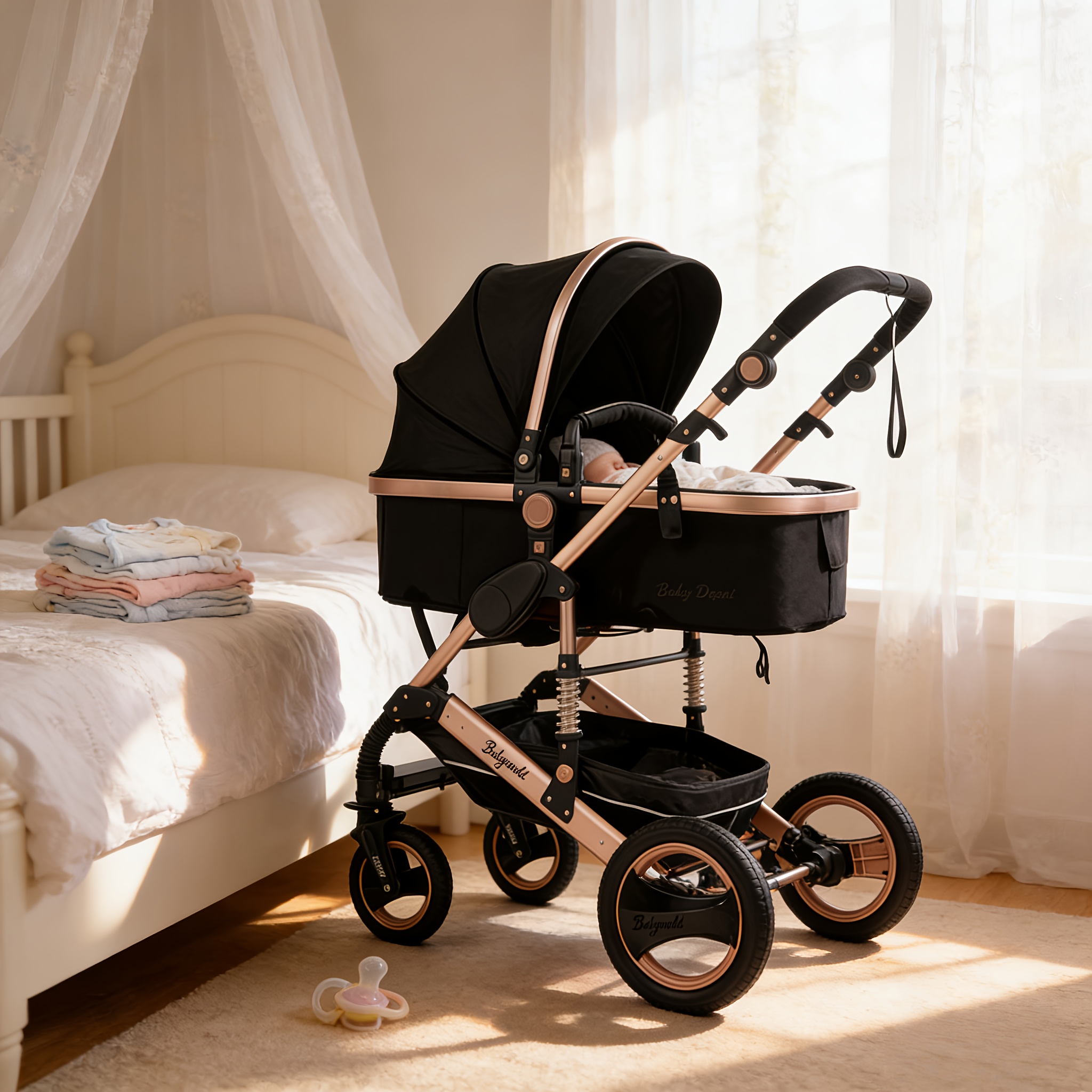 Black pram stroller front view