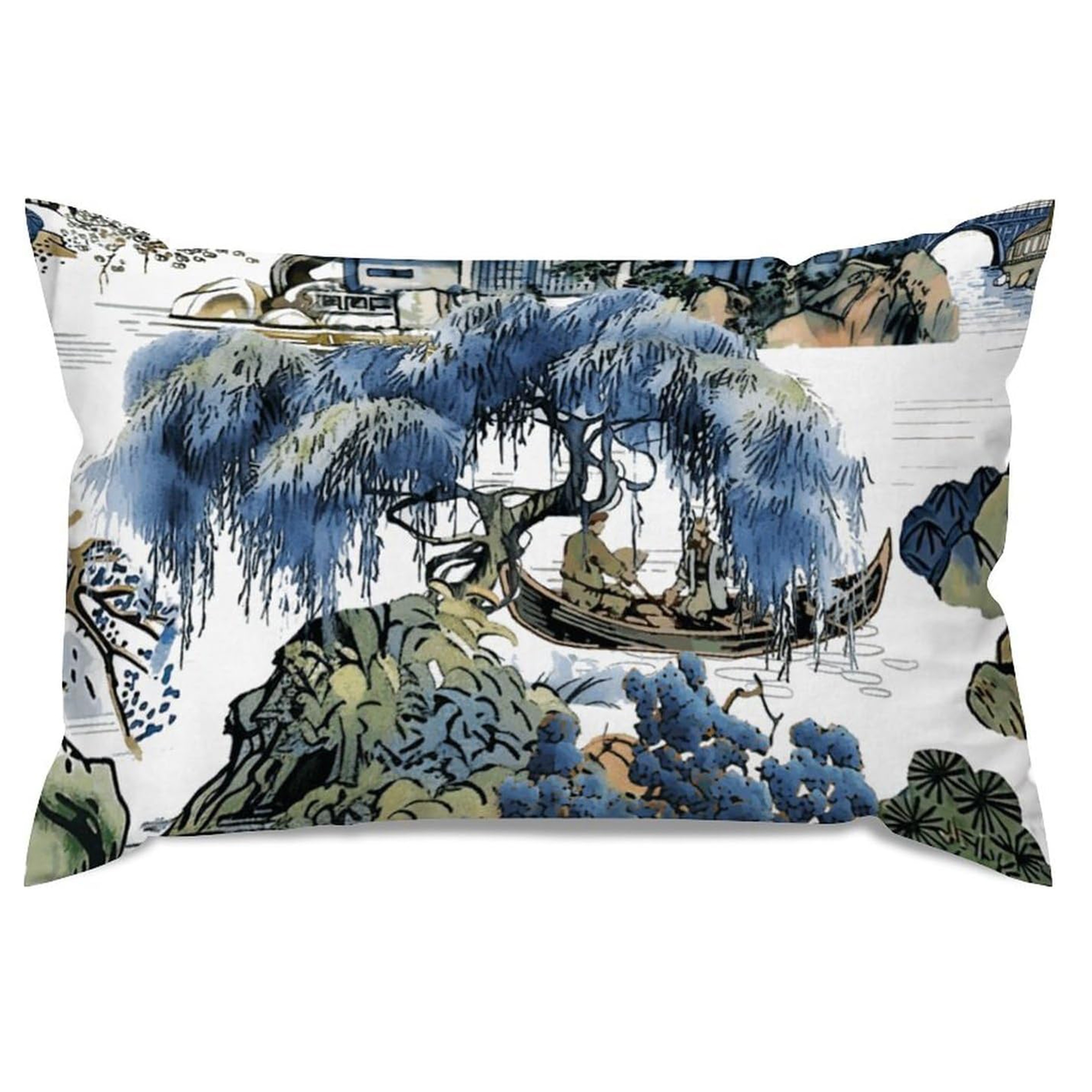 

Chinoiserie Style Throw Cushion Cover - 1pc, Asian-inspired Scenic Blue & Green, Machine Washable, Zippered, Woven Polyester Sham For Sofa, Living Room, Bedroom - Single Sided (no Insert)