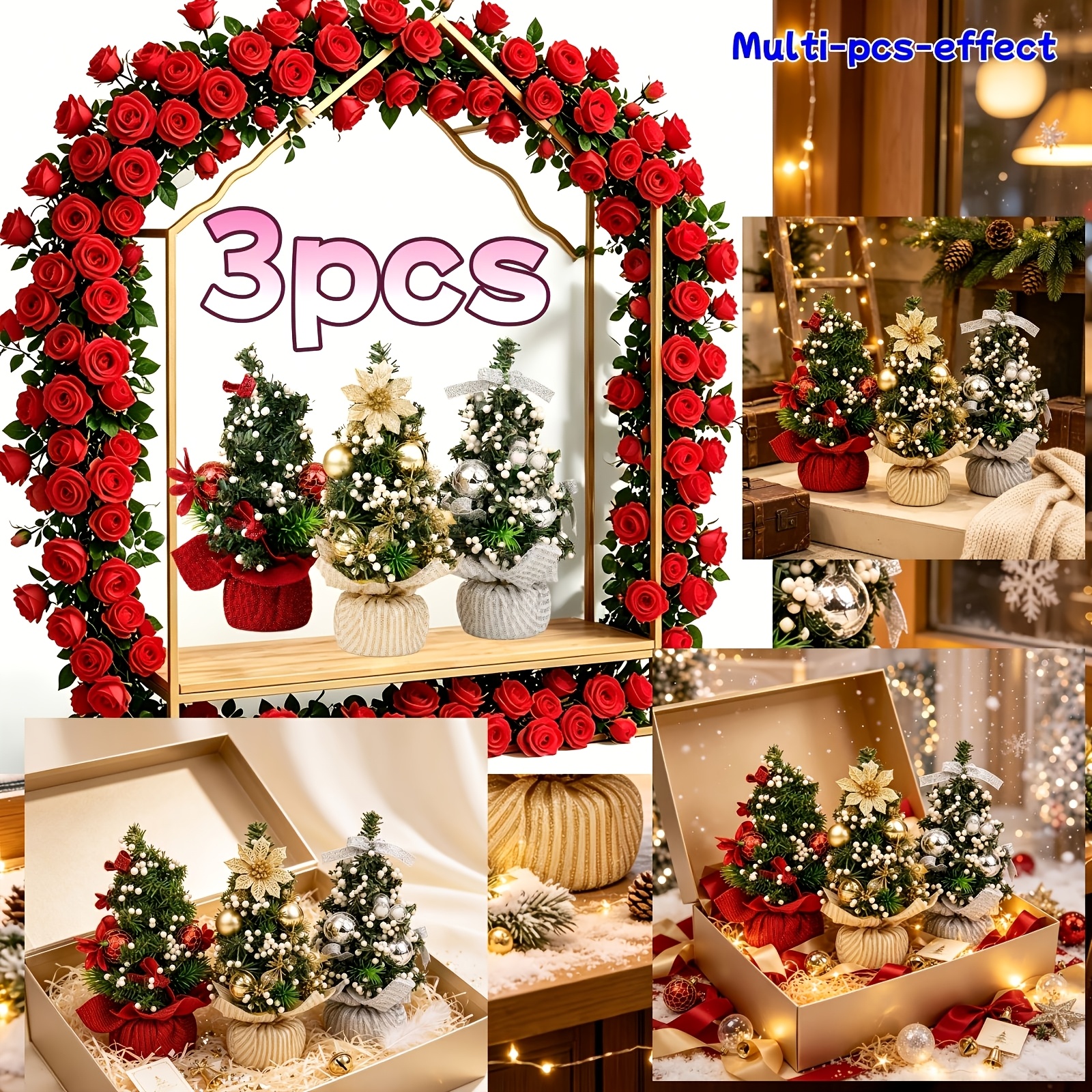 TEMU Nuovo Mini Albero di Natale Artificiale Tricolore con Fiori Artificiali, un Ornamento Natalizio da Scrivania con di Natale, Specchiate Dorate e