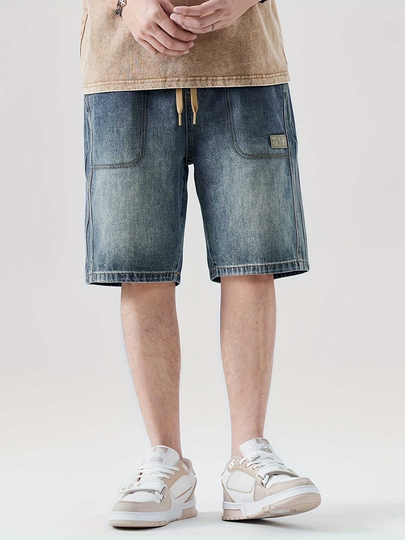 Shorts de carga jeans solto masculino com bolso grande, shorts