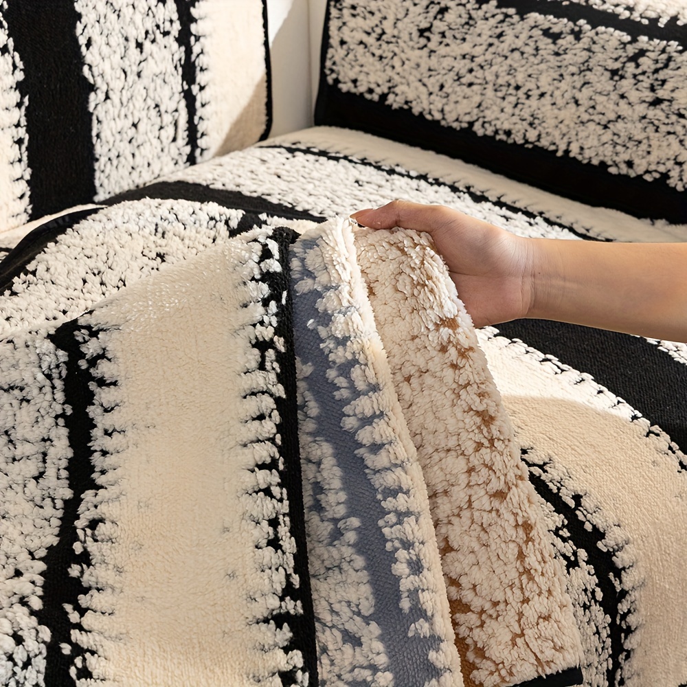 1pc traditional style shu   sofa cover striped plush warm non slip dustproof cat scratch resistant couch protector machine washable pet friendly 100 polyester 180 200gsm fits armchair to sectional sofas details 4