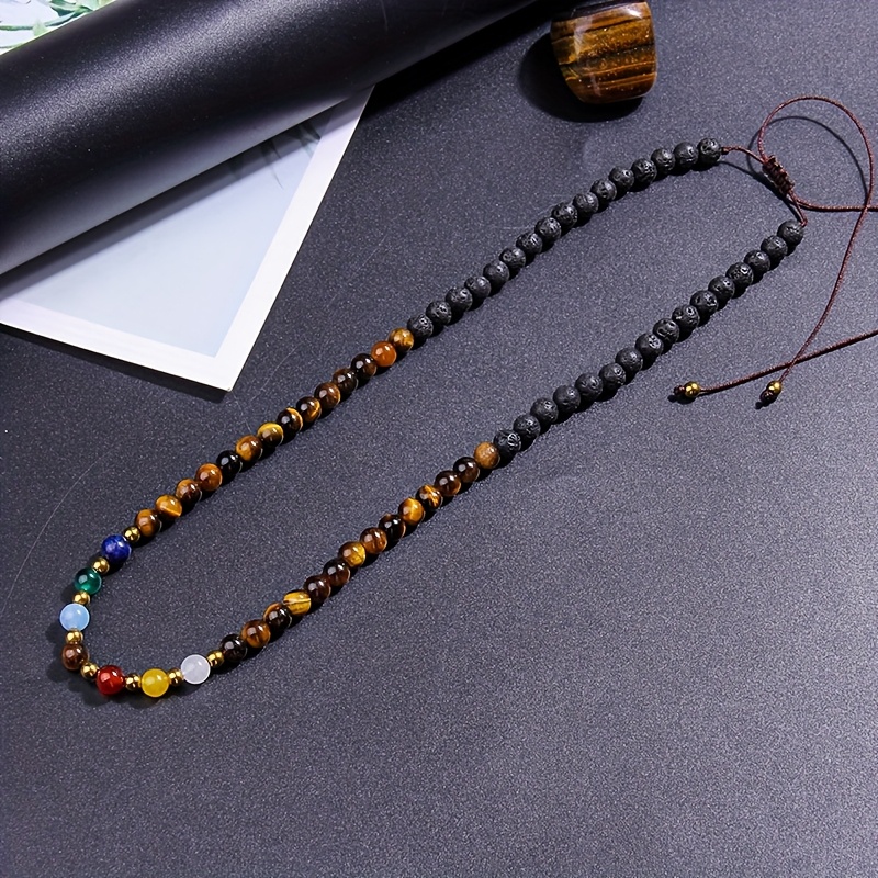 TEMU Fashionable Natural Eye Stone Beaded Necklace, Handmade Adjustable Long Necklace, Stylish And Versatile Necklace, Ideal Gift For