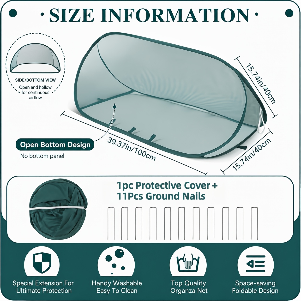 Image of 12-pcs 1 Cover + 11 Ground Nails Pop-up Mesh Plant Cover Set Protection Kit, Fine Mesh Bird & Netting For Vegetables, , Reusable Garden Hoop House Tent, Extra Stable Anti-bird Netting For Outdoor