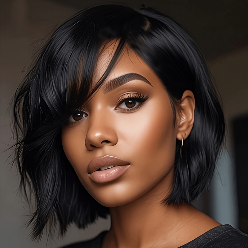 TEMU Synthetic Black Bob Wig For Women, Featuring Short Hair With Bangs And Wavy Styles, Perfect For A Bob Haircut