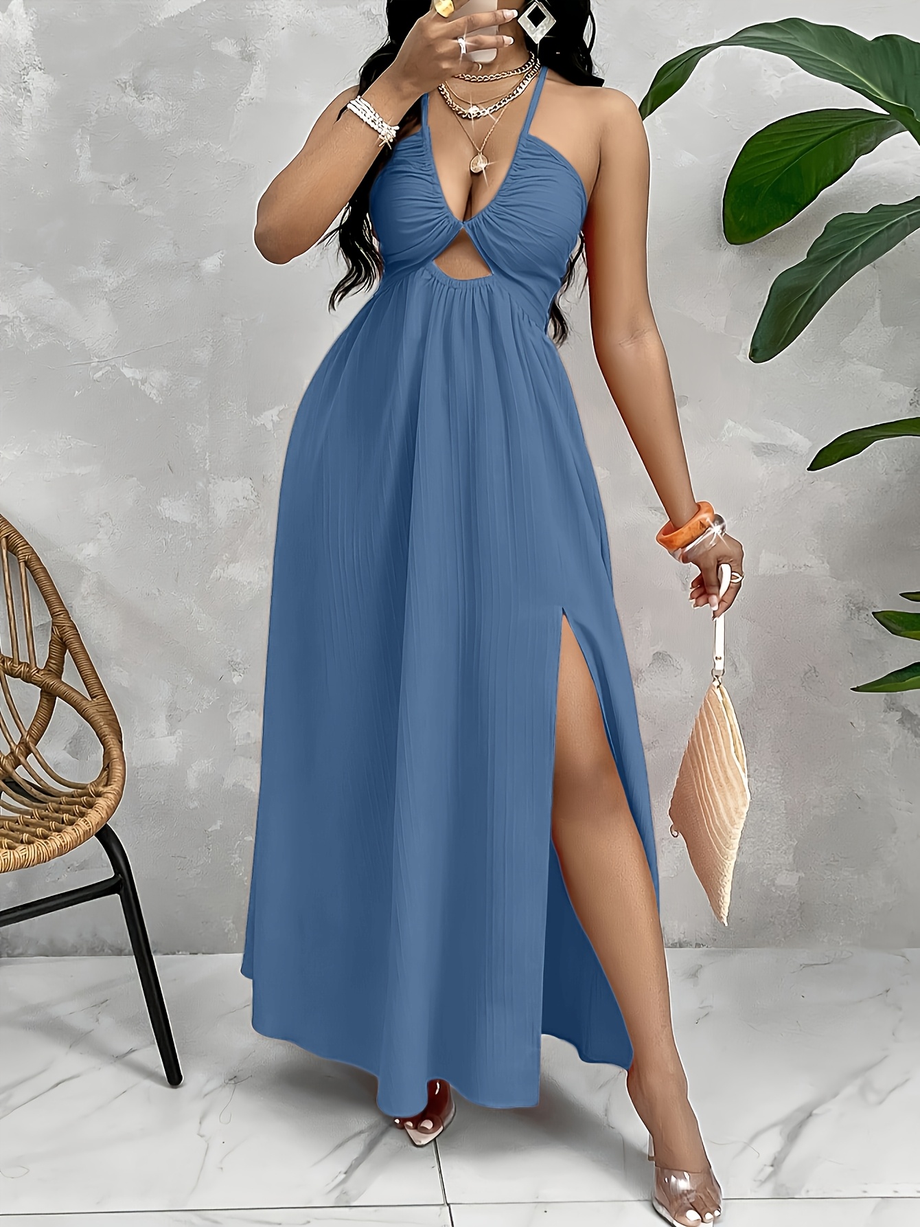 womens open back a line dress high slit machine - Temu Italy