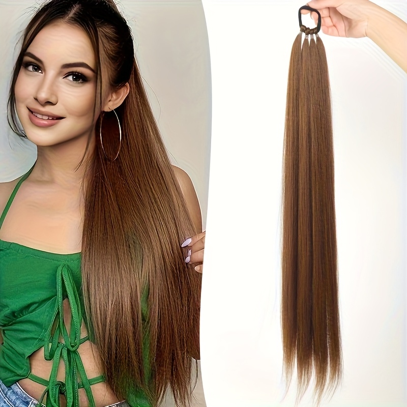 TEMU Extensión de coleta larga y sintética de 28 pulgadas, de boxeo con goma elástica y anillo para el cabello