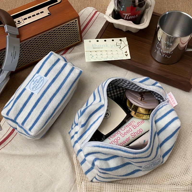 1pc Striped Cosmetic Bag Large Capacity Portable Travel Storage Bag Skincare Brush Organizer Toiletry Bag