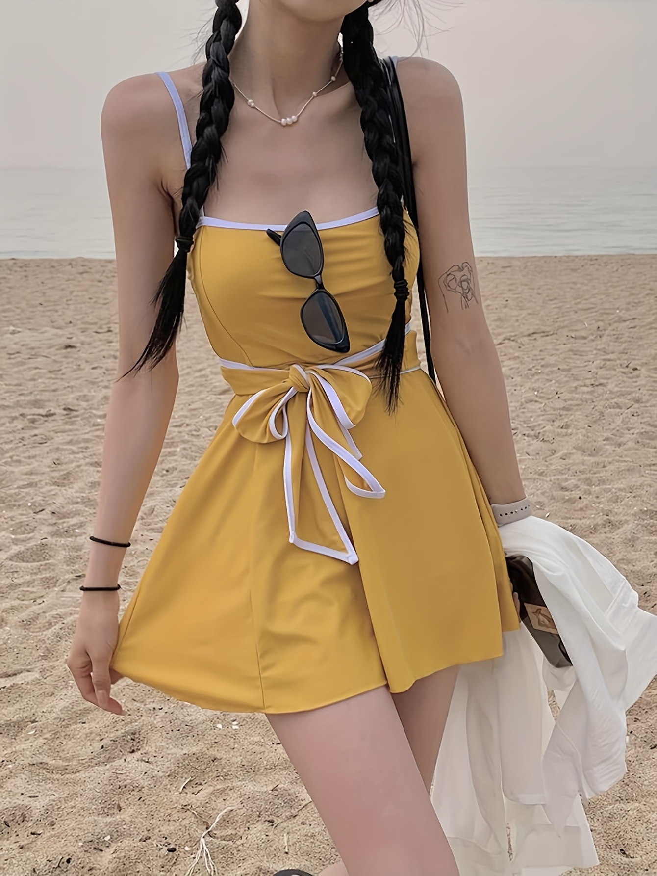 womens sporty conservative   swimsuit with adjustable waist tie removable chest pads mustard yellow stretchy swimwear for beach pool vacation high waisted swimsuit   braided hair swim comfortable swimwear yellow 0