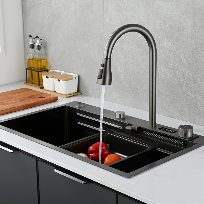 304 stainless steel double step multifunctional countertop sink featuring a built in faucet a large single bowl for washing vegetables with a gun gray surface   scratch resistant and rust proof