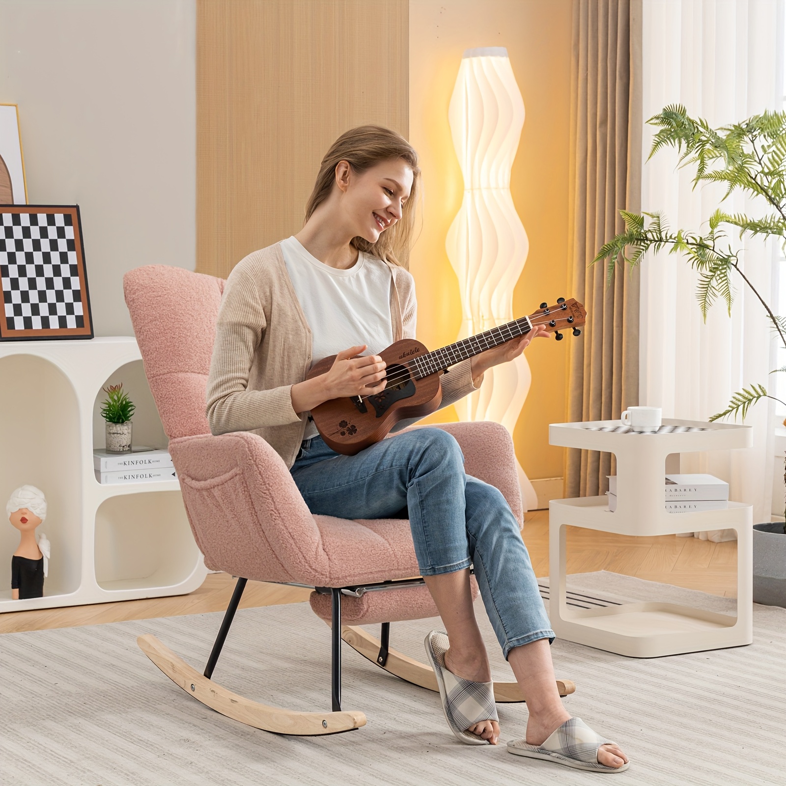 Nursery Teddy Upholstered Glider Rocker with Adjustable Footrest, High Backrest Padded Recliner Reading Chair for Bedroom