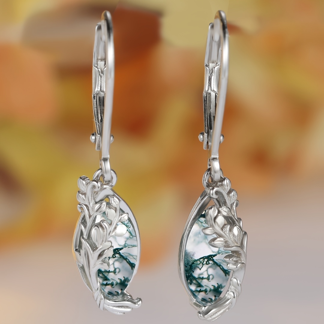 2.8g S925 Pure Silvery Luxury Vintage Vine Water Drop Shape Aquatic Agate Earrings For Women With Gift Box
