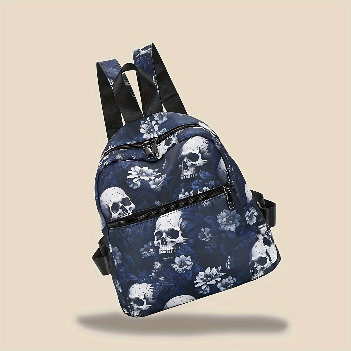 

Gothic Skull Flower Print Fashion Outdoor Travel Backpack, Trendy Halloween Commuting Daypack, Mini Travel Schoolbag