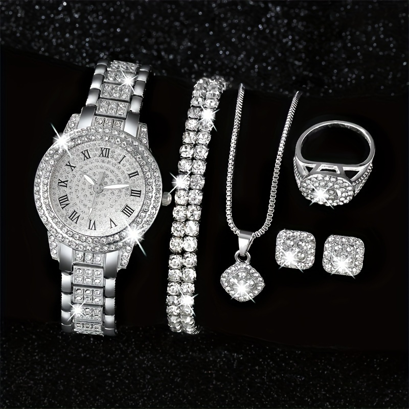 

Elegant 7pcs Luxury Women's Quartz Watch Set With Rhinestone Accents - Stylish Roman Numerals Analog Watches - Chic Accessory Combo - The Perfect Gift For Her