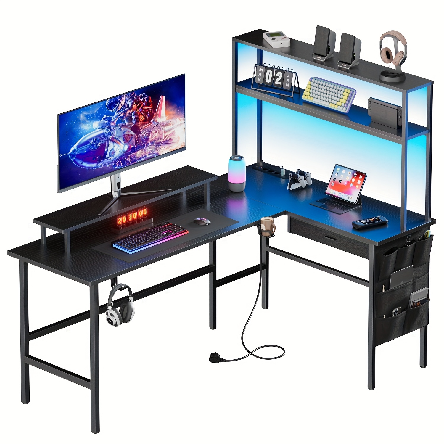 E-shop Neuer L-förmiger Gaming-Schreibtisch mit Steckdosen & LED-Beleuchtung, 59/67 Zoll umkehrbarer L-förmiger Computerecktisch mit Ablage &