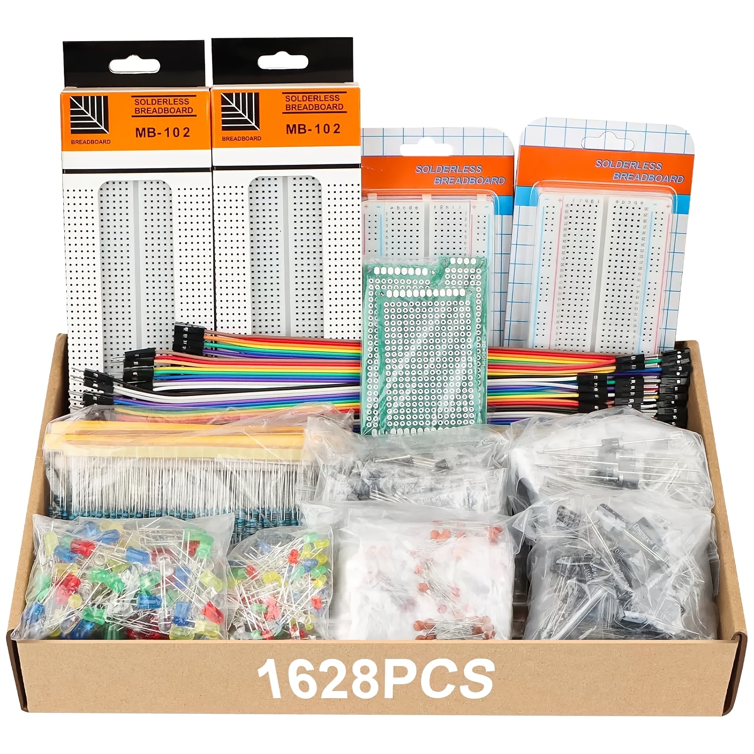 1628pcs electronic component kit diy   edition 5mm 3mm led   metal film resistors electrolytic capacitors   wires 830 hole breadboard