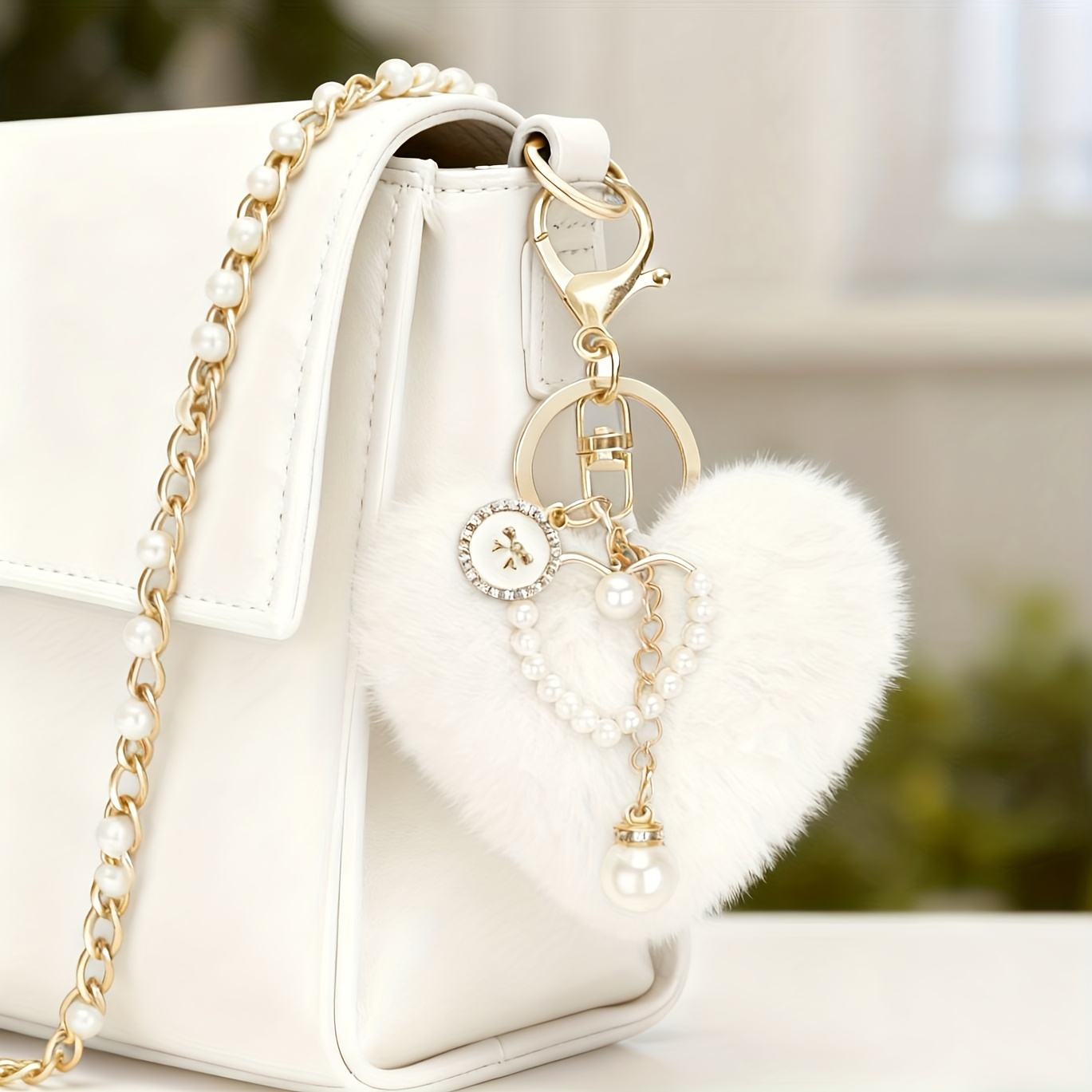 TEMU 1pc Portachiavi a forma di cuore con catena di perle e di peluche - Decorazione per borsa con decorazione | borsa a spalla, valigia, accessori