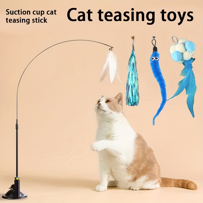 

Interactive Cat Teasing Toy With Suction Cup Base, Self-entertaining Wire Rod With Feather, Bell, And Teaser Balls, Plastic Material, No Battery Required