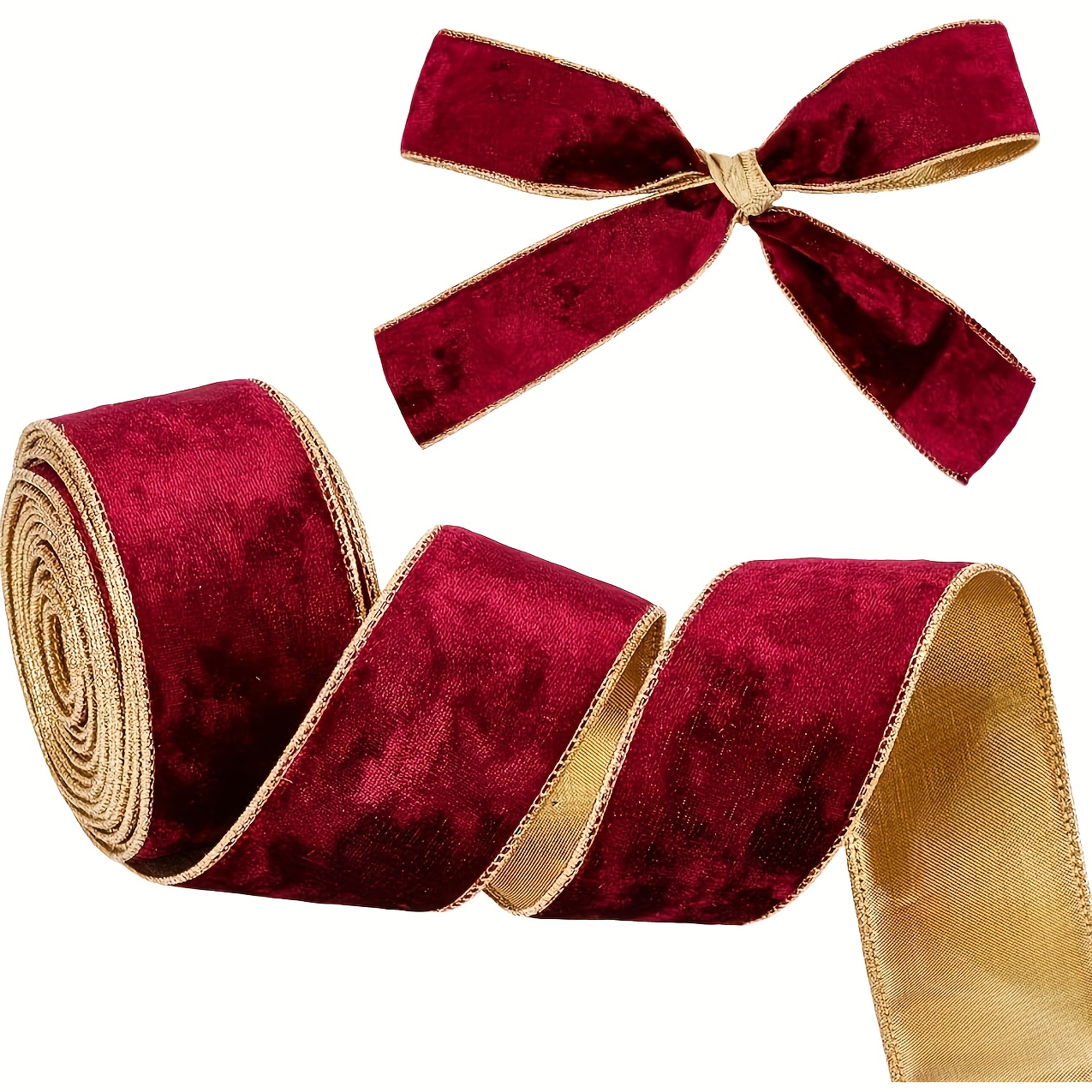 TEMU Ruban de 7 cm x 9 m avec bordure dorée, velours bordeaux pour sapin de Noël, satin, idéal pour la décoration des fêtes, le Nouvel An, la
