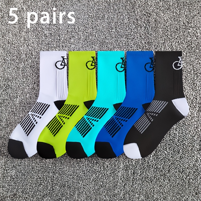 TEMU 5 Pairs Men's Athletic Socks Breathable Quick-dry Compression Socks Plus Size Men's Socks Daily Casual Sports Riding Socks Bicycle Pattern Easy