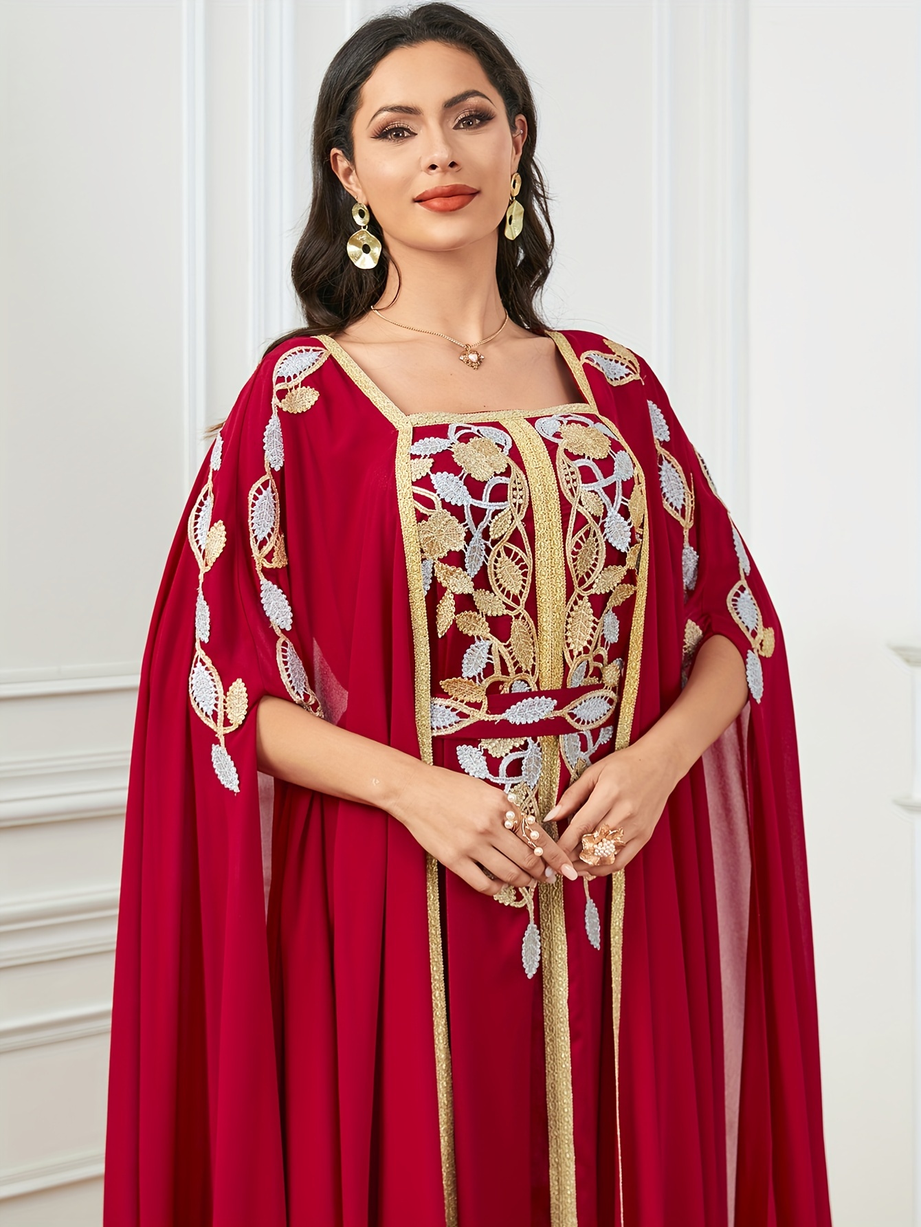 floral embroidered split cape sleeve modest dress elegant - Temu