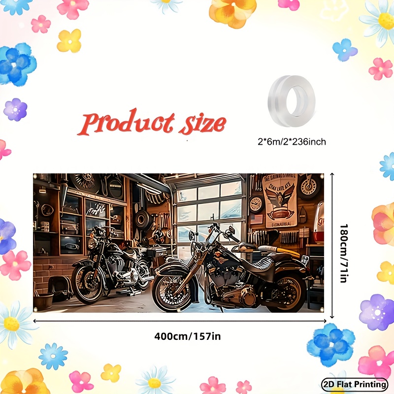 TEMU 1pc 2d Flat Banners Featuring Motorcycle And Toolbox Theme, Ideal For Garage Doors, Parties, And Home Decor. Are Easy To Set Up, Serve Multiple