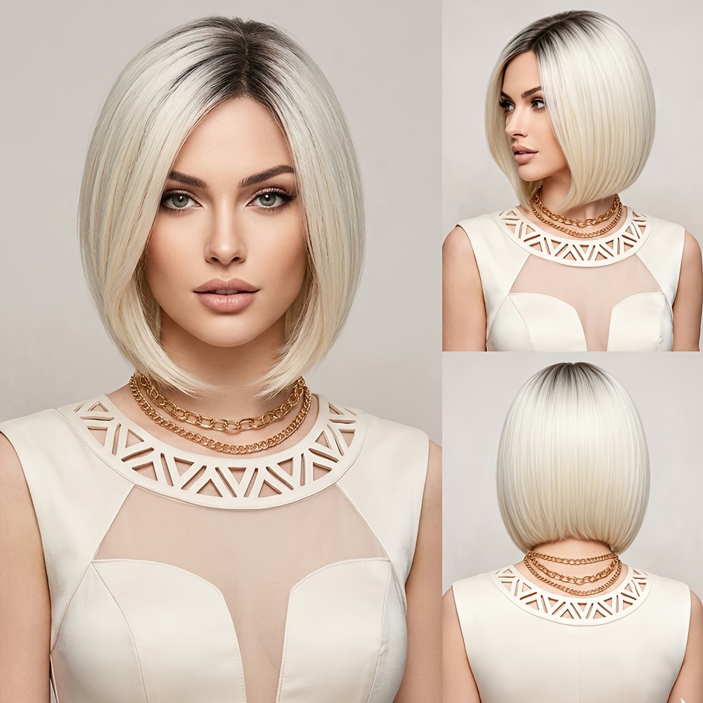 TEMU Perruque Bob Courte et Lisse Blonde pour Femmes, Perruques Synthétiques en Fibre Résistante à la Chaleur, Perruque Blonde Ombrée avec Noires,