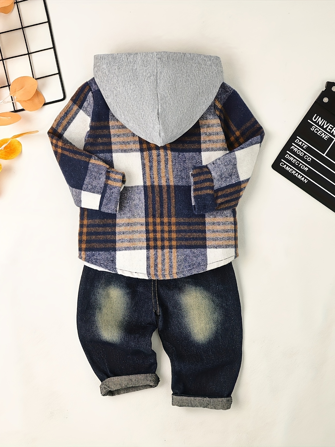 Boy Clothes Toddler Boy Fall Outfits Winter Long Sleeve Plaid Hooded Sweatshirt Pocket Ripped Holes Jeans Clothing Set Dark Khaki 12Months-5T, for Outdoor - Image 4