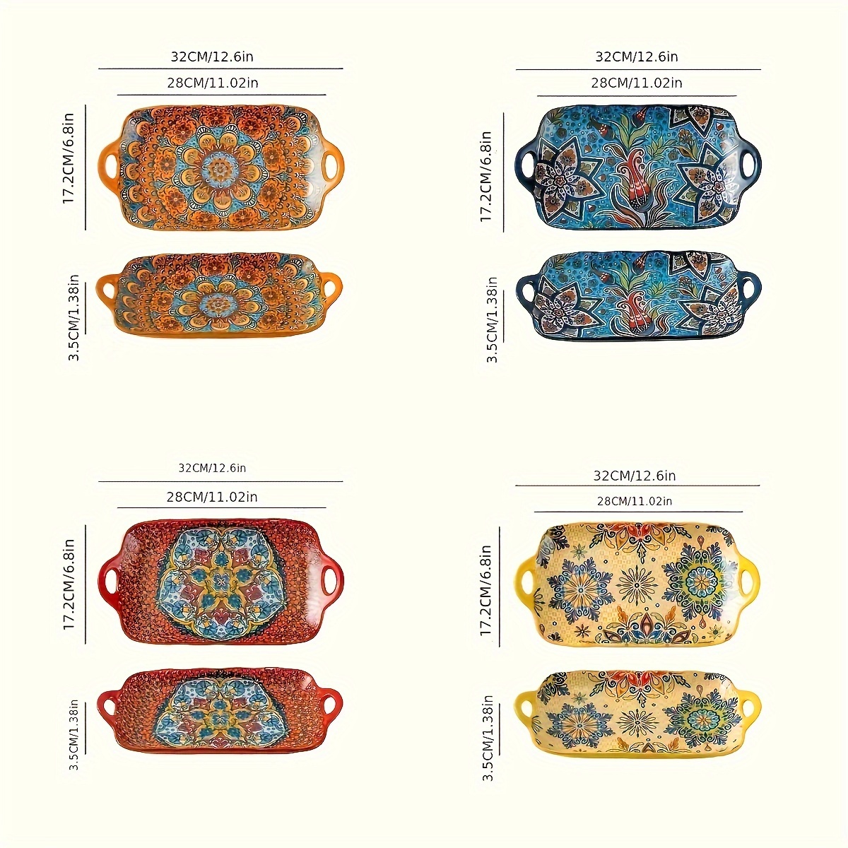 TEMU 4pc Bohemian Binaural Fish Plate Home Steamed Fish Plate High Appearance Horizontal Large Rectangular Fish Plate Ceramic Dish 13 Inches