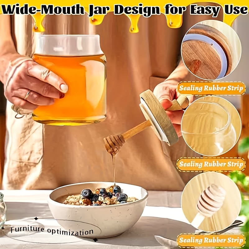 1pc glass honey jar with a wide-mouth design, easy-to-clean dispenser for honey and syrup storage, ideal for home kitchens
