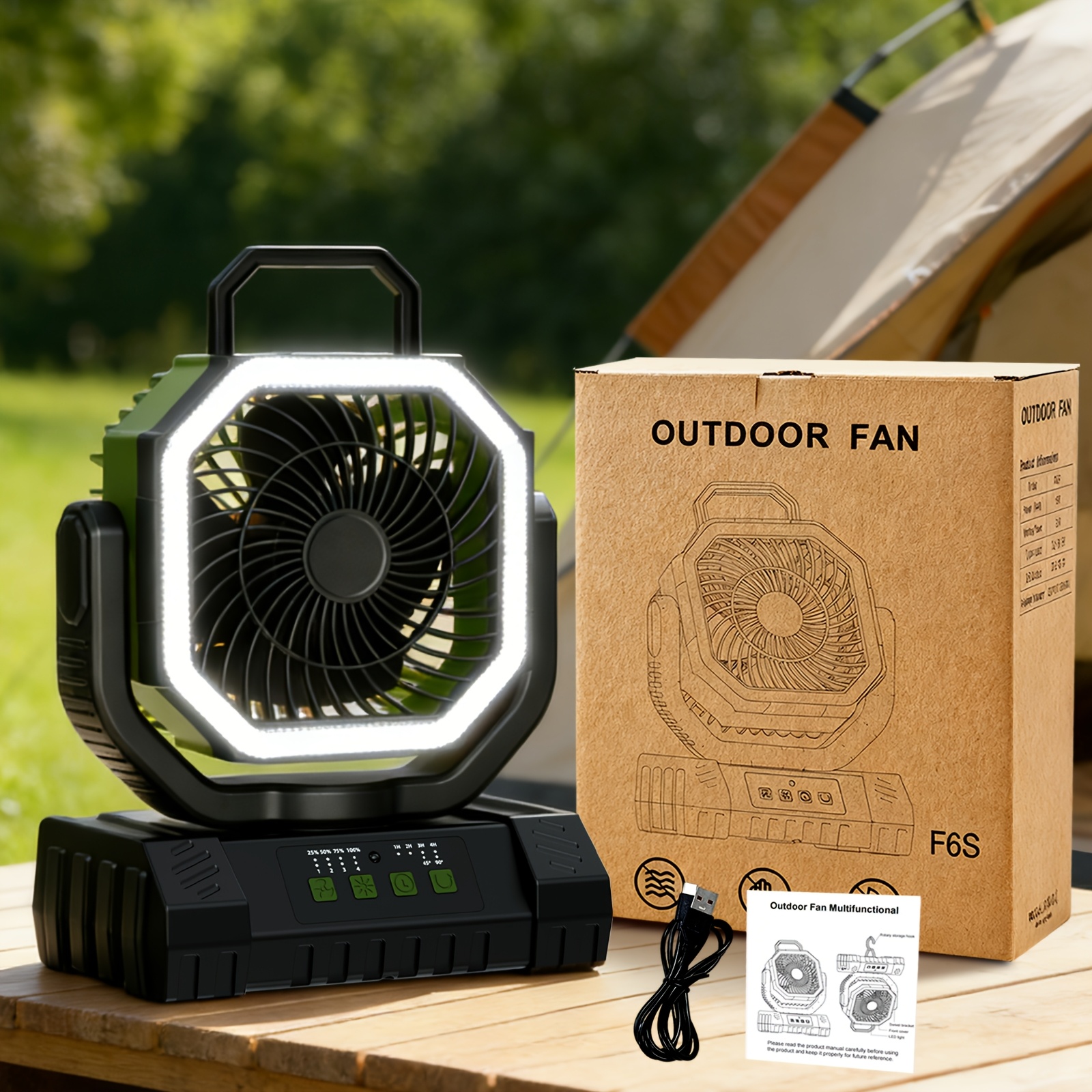 3-in-1 Indoor Outdoor Camping Fan Light Power Bank 20000mah, 4-speed Wind Led Dimming, Multi-angle Rotation, Long- For Hiking Tent Office