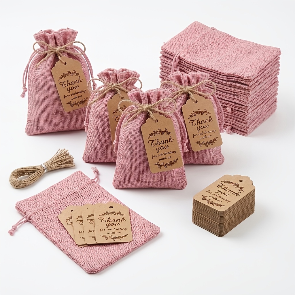 TEMU Confezione da 35 sacchetti con coulisse in tela di iuta naturale rosa con etichette e di iuta - Bustine regalo adatte per bomboniere di nozze,
