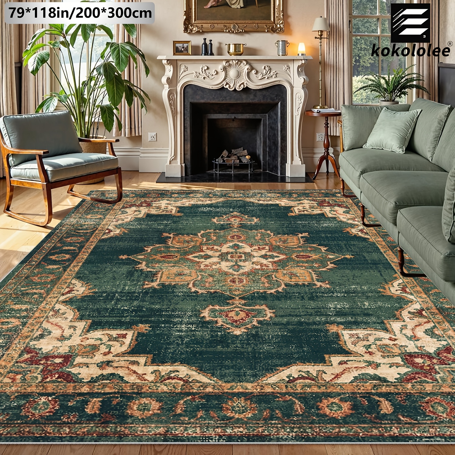 TEMU 1pc Kokololee Luxury Velvet Area Carpet - Vintage Green Beige Floral Medallion Carpet, Non-slip Backing, Machine Washable, 100% Polyester Fiber.