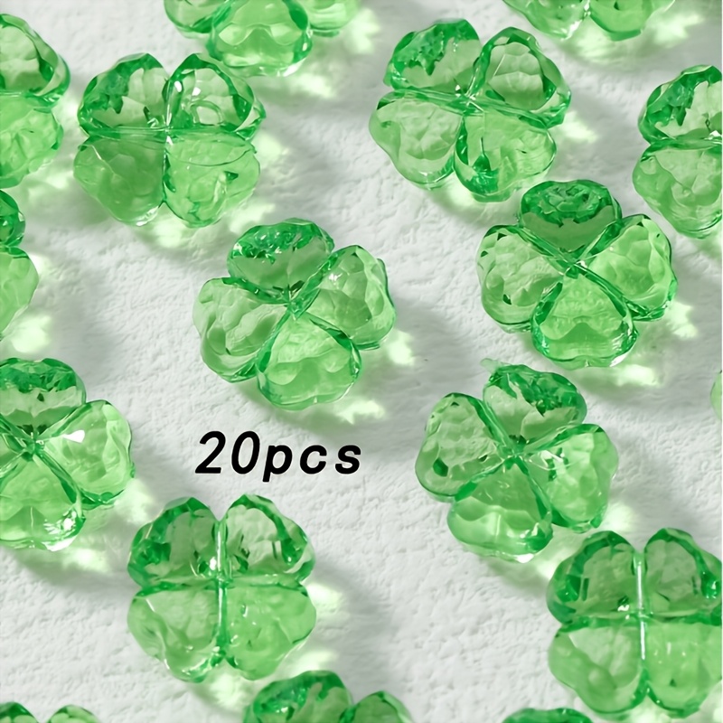 TEMU 20pcs Of 3d Acrylic Green Clover Beads - Decorative Beads For Jewelry Making, Clover Bracelets, Crafts, Floral Necklaces, Earrings, Jewelry