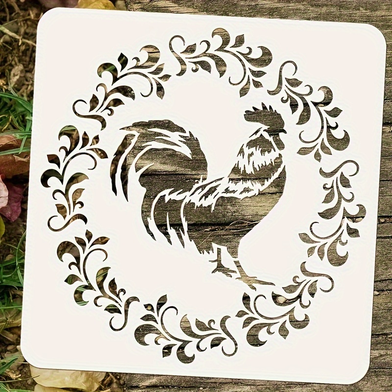 1pc Large Farmhouse Wreath Rooster Stencil 11.8x11.8 Inches Reusable Rooster And Wreath Drawing Template, Painting Template