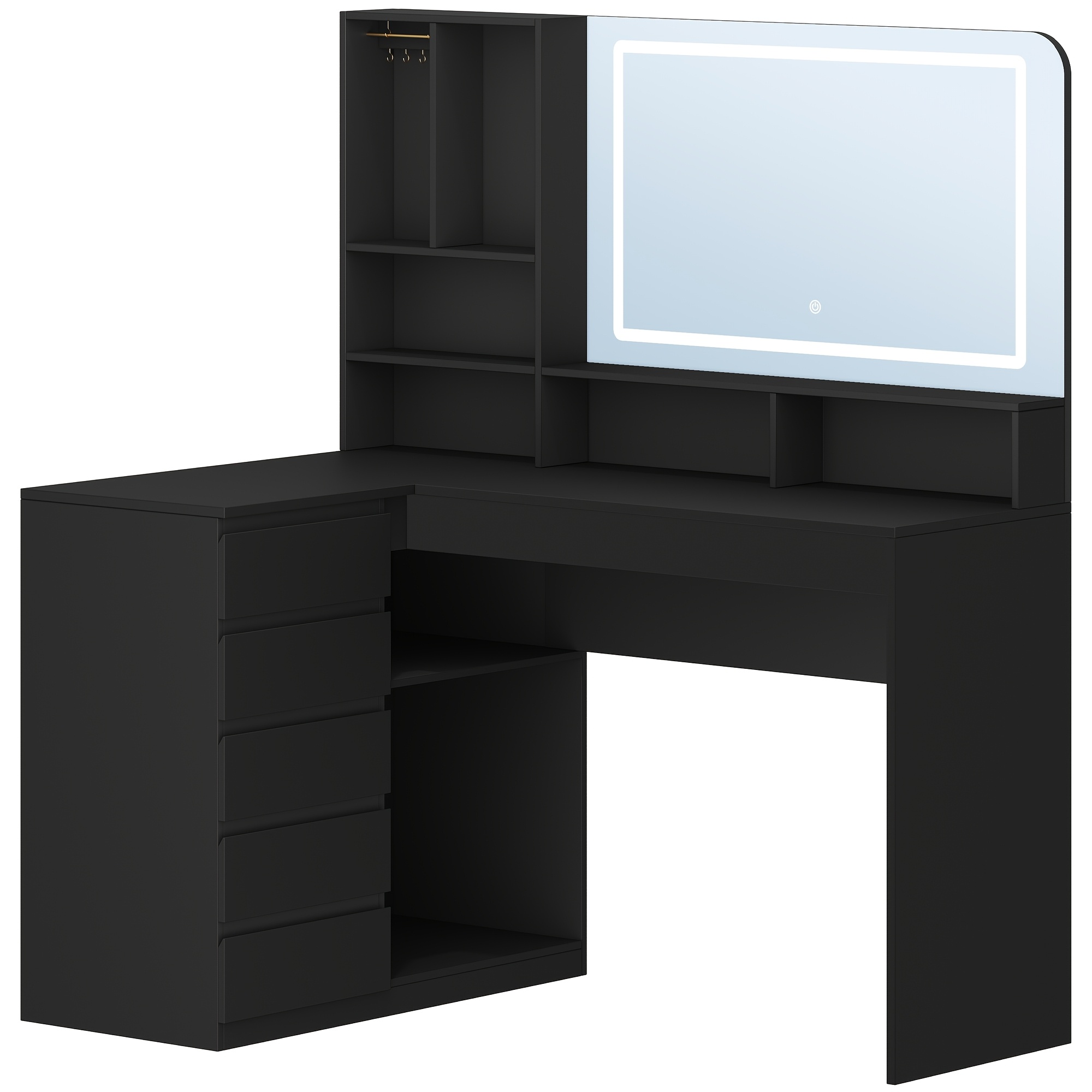 Image of Vanity Table Featuring A Spacious Mirror, Illuminated Vanity Table, L-shaped Corner Vanity Unit, Equipped With 5 Drawers And 7 Open Sections, Jewelry Hook, Bedroom Use, Black Color
