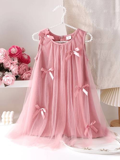 girls spring summer singlepc solid color casual mesh dress with 6pcs 3d bows suitable for daily wear parties holiday gifts birthday presents