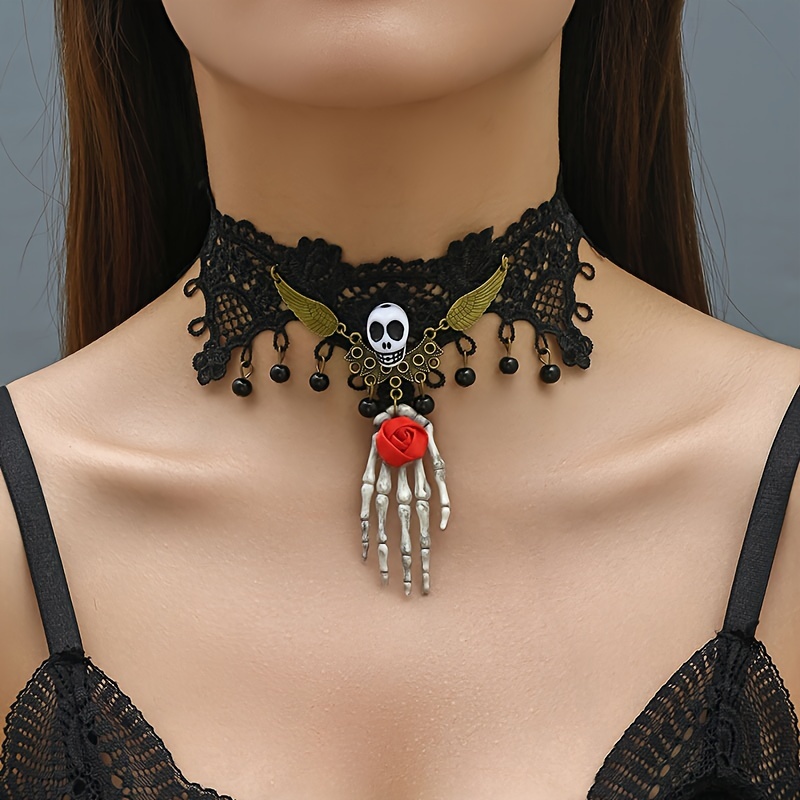 

Gothic Skull Palm Lace Necklace For Women, Creative Gothic Style With And Flower Pendant, Elegant Resin Embellishment, All-year Wear For Parties And Festive Celebrations