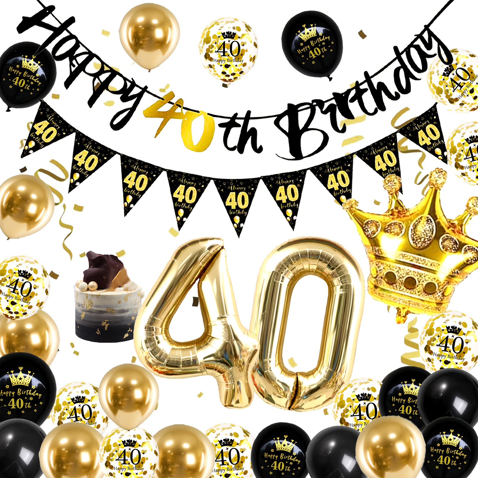 40th Birthday Celebration Set - Black And Golden Balloons, Happy Birthday Banner For Men And Women - Pull Flag -