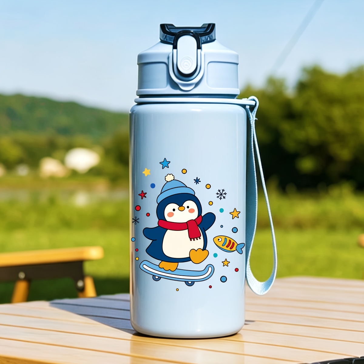 TEMU Customizable Name - Cute Plastic Water Bottle With Straw, 500ml, Featuring Cartoon Elephant, Cute Penguin, Lion, Sleeping Cat. Back-to-school