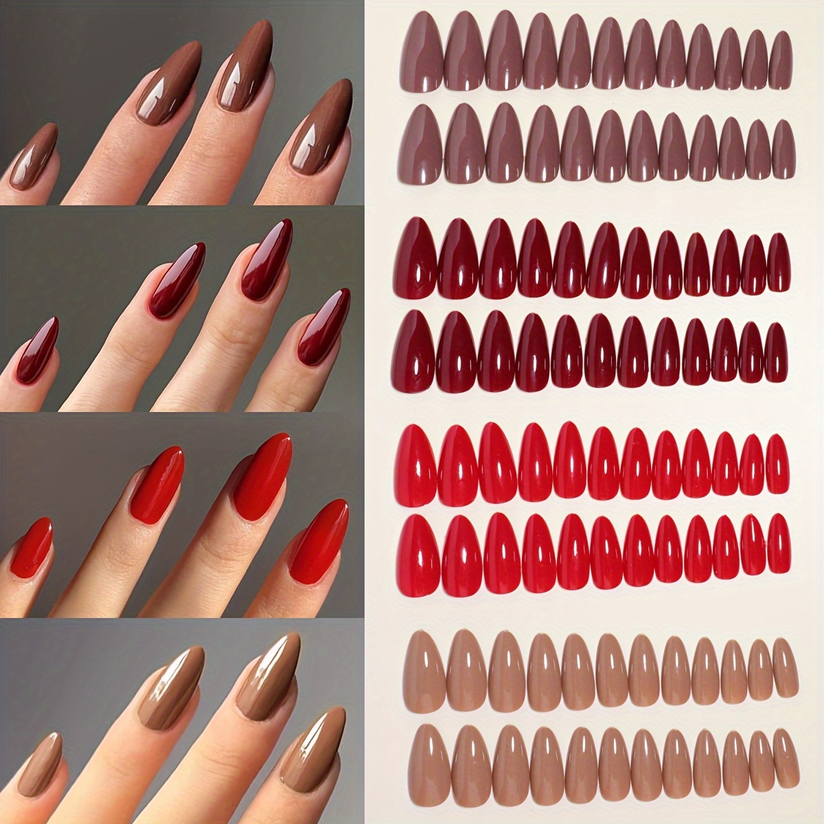 

Pack Of 4 (dark Brown//red/light Brown - 96pcs) Press-on Nails Medium Full Coverage Almond Fake Nails, Stickers, Fake Nail Strips Natural Acrylic Nails Artificial Nails For Women And Girls