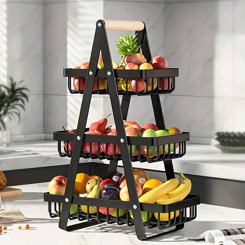 TEMU [2/3 Tier Metal Basket] 2/3 Tier Large Capacity Metal Fruit Basket | Portable Countertop Storage For Fruits, Vegetables, Bread, And Snacks |