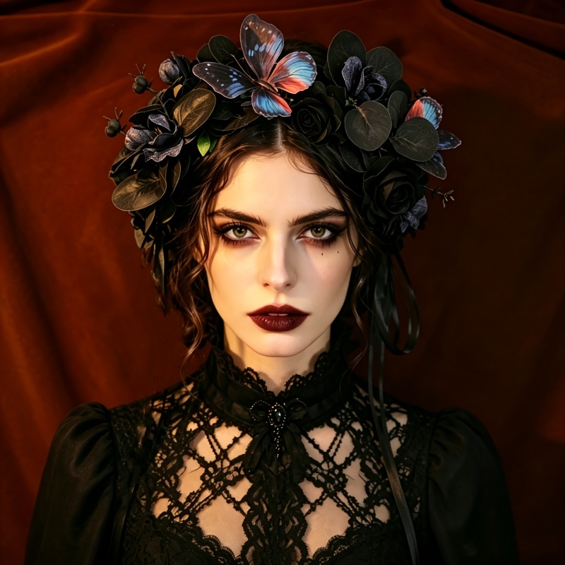 Gothic Black Rose & Butterfly Wreath Headpiece