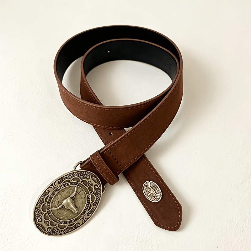 TEMU 1pc Aplcsey Women's Vintage Western Belt With Pu Matte Longhorn Buckle - Y2k Bohemian Low-rise Belt Suitable For Jeans, Dresses, Low-rise