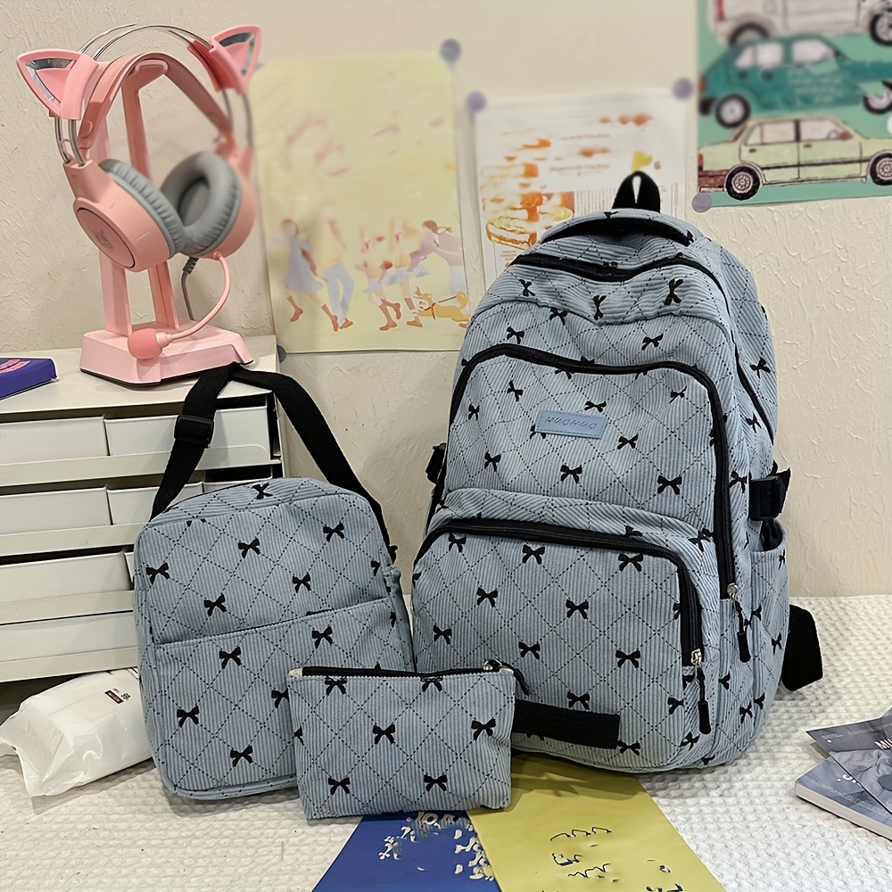 TEMU Women'-piece Bag Set, Ins Bow Backpack, Corduroy Large Capacity Style Backpack, Korean Trendy Autumn Winter New Casual Versatile Commuter