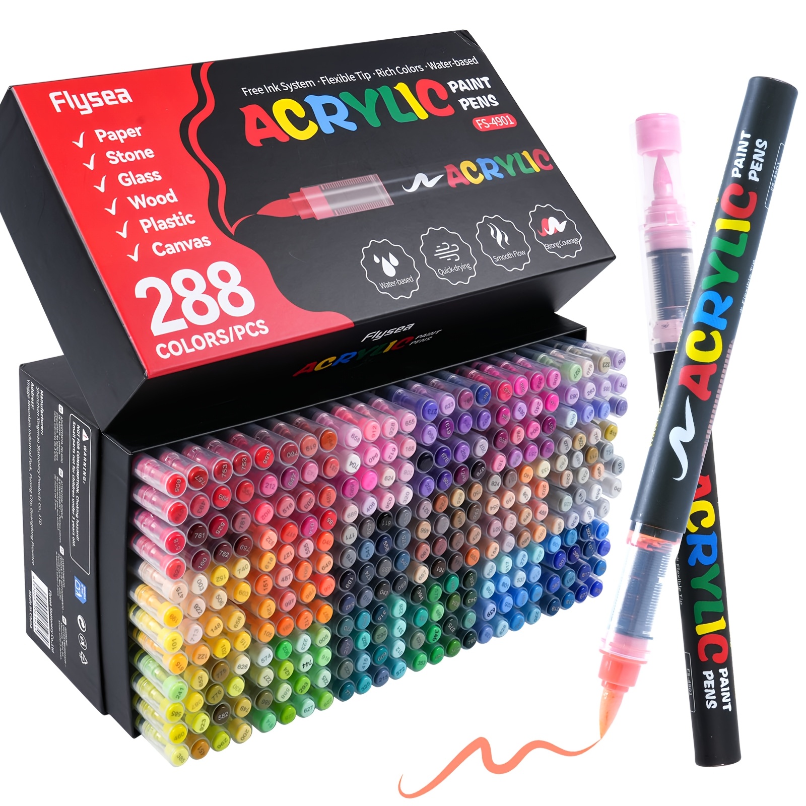Image of Flysea 288pcs Stone Pattern Straight Liquid Acrylic Pigment Marker Set, Soft Haired Brush Head Marker With Ink Window, Suitable For Rock Painting And Professional Art Applications
