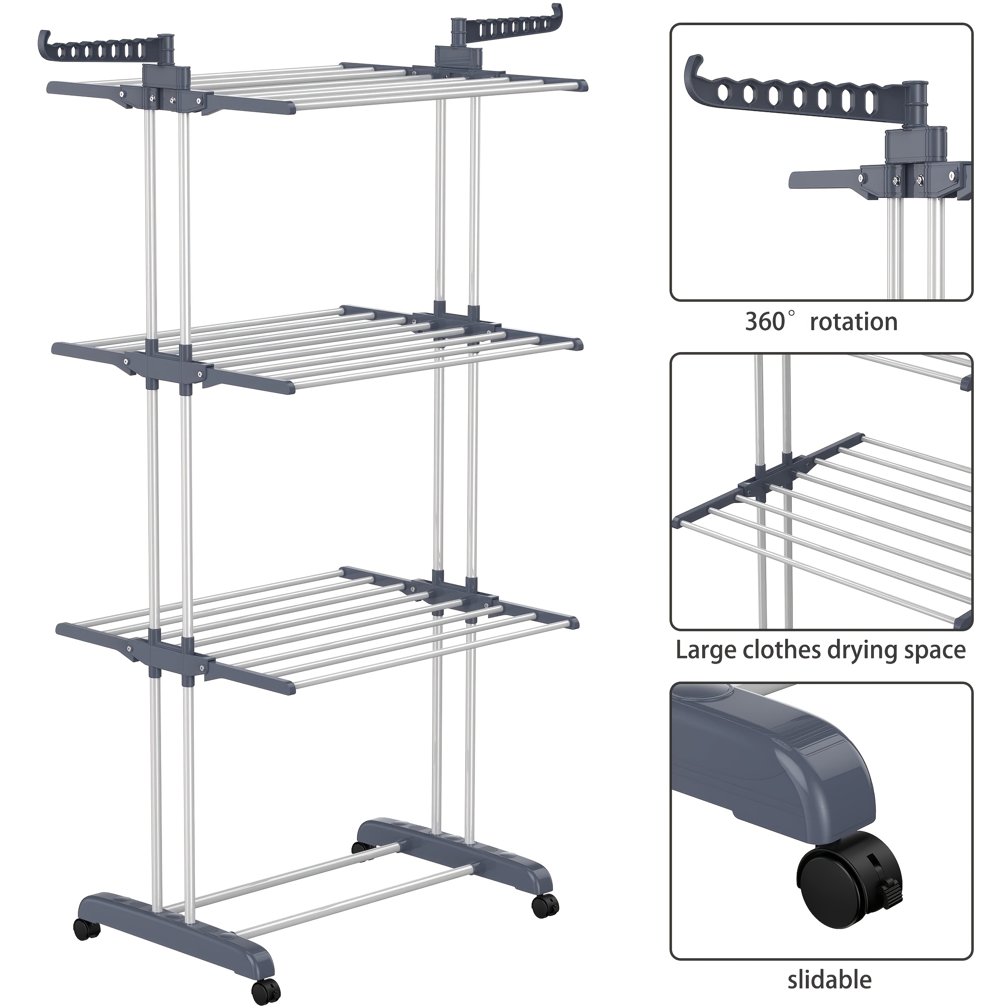 Étendoir à Linge, Grand Étendoir à Linge Pliable en Acier Inoxydable à 4 Niveaux, Étendoir à Linge Mobile, avec 4 Roulettes, 24 Tiges de Séchage et 14 Crochets pour Literie, Vêtements, Gris, Étendoirs