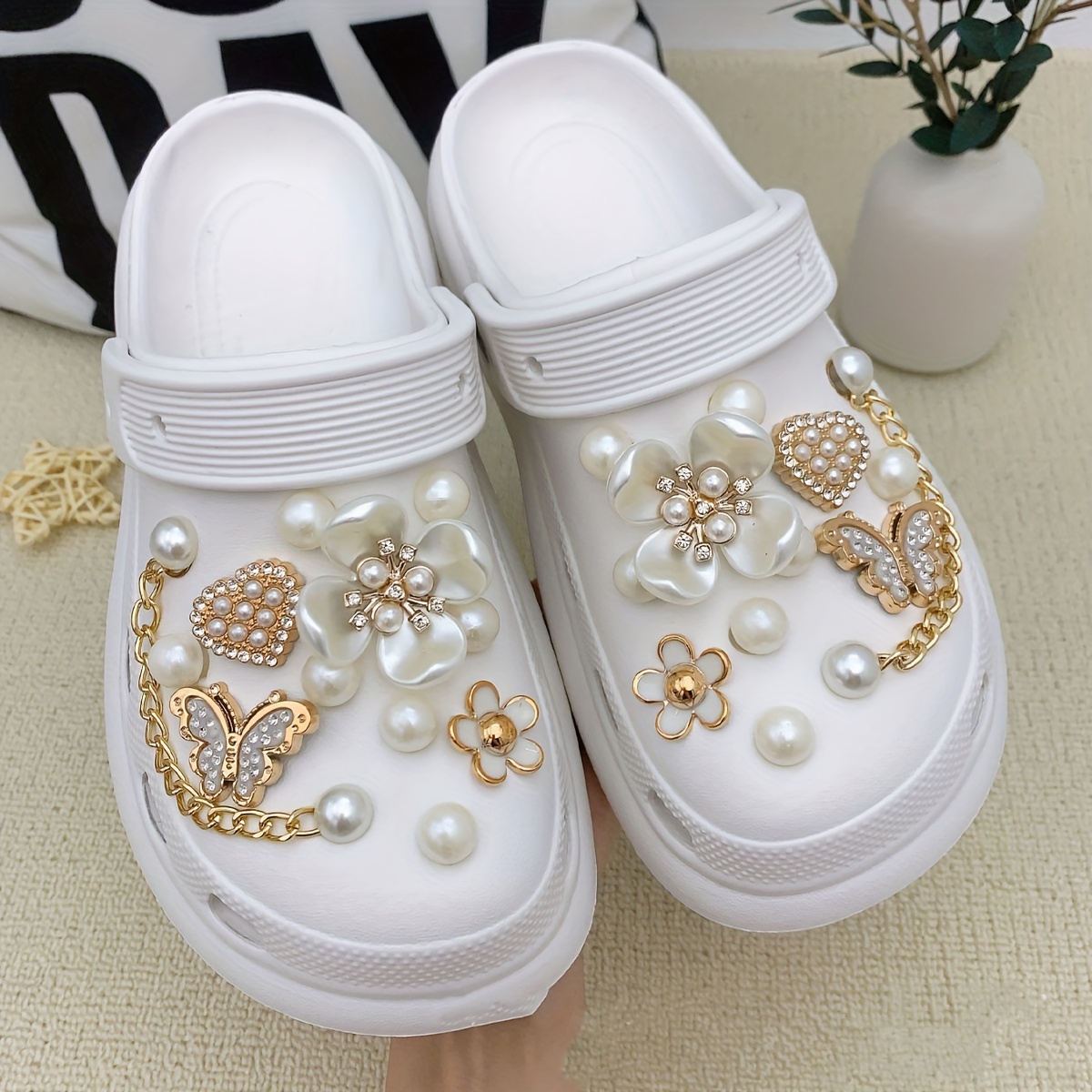 

24-piece Set Pearl And Golden Butterfly & Flower Shoe Charms, Removable Pvc Decoration Clips For Clogs, Diy Shoe Accessory Buckles With Chain Link For Hole Shoes